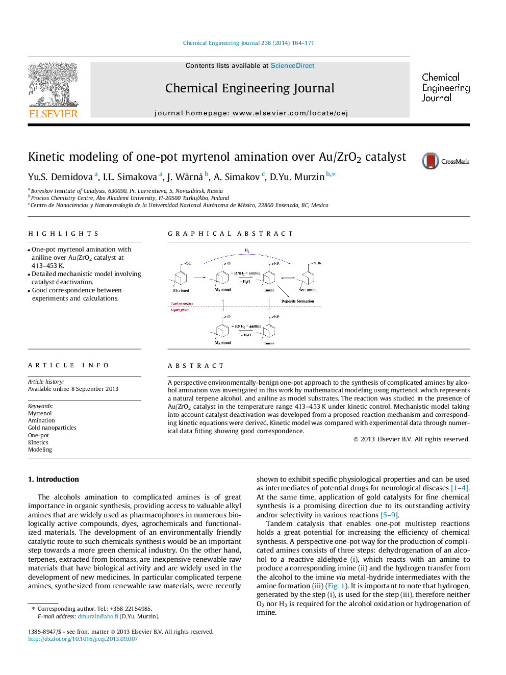 Kinetic modeling of one-pot myrtenol amination over Au/ZrO2 catalyst