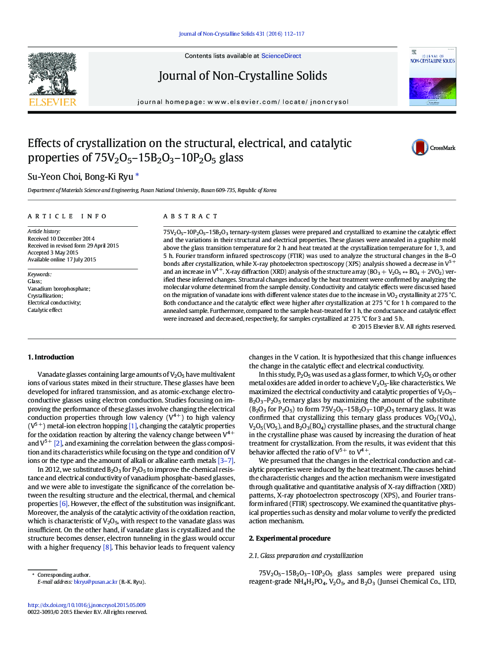 Effects of crystallization on the structural, electrical, and catalytic properties of 75V2O5–15B2O3–10P2O5 glass