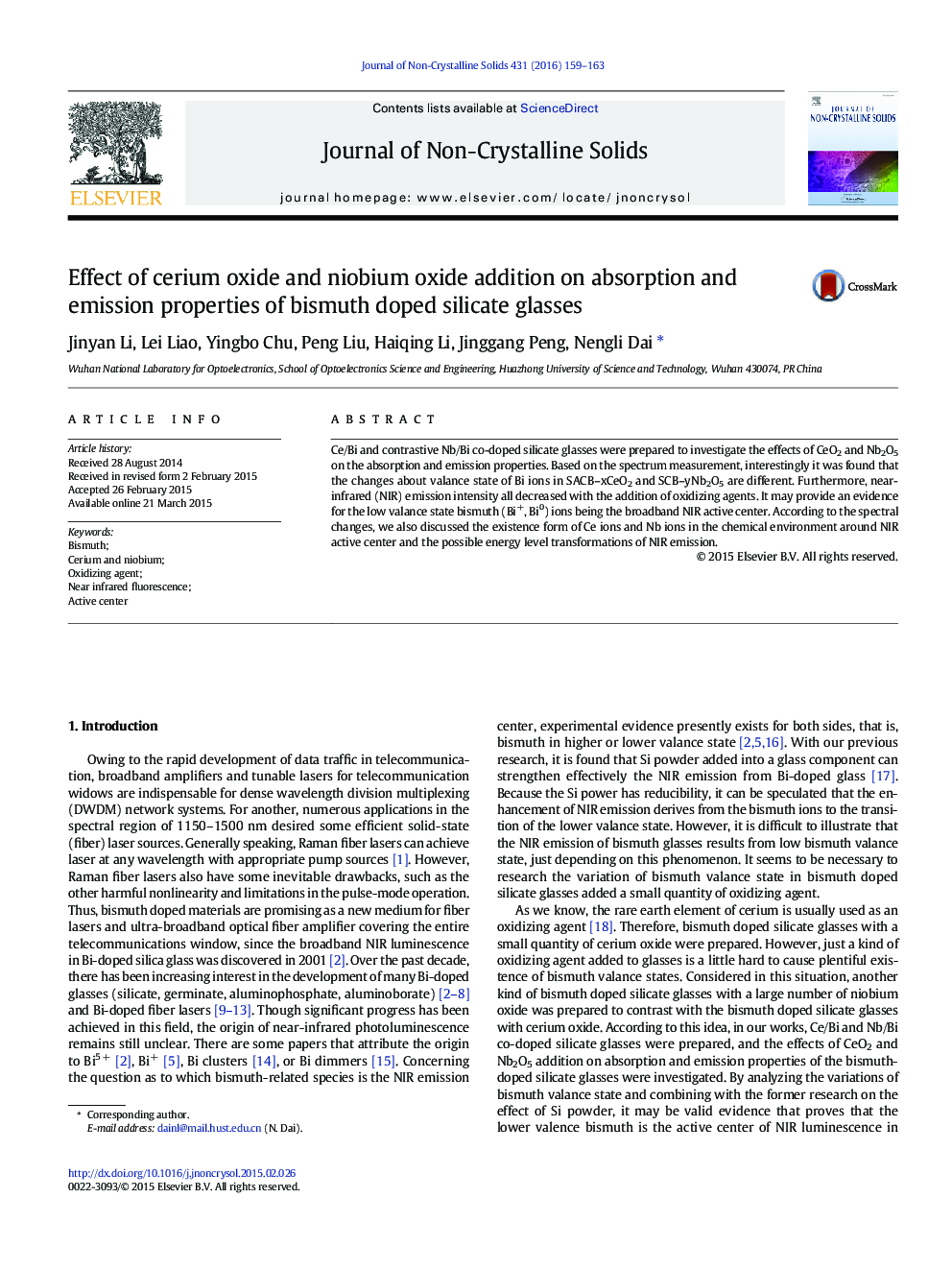 Effect of cerium oxide and niobium oxide addition on absorption and emission properties of bismuth doped silicate glasses