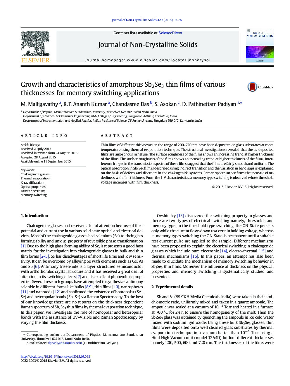 Growth and characteristics of amorphous Sb2Se3 thin films of various thicknesses for memory switching applications