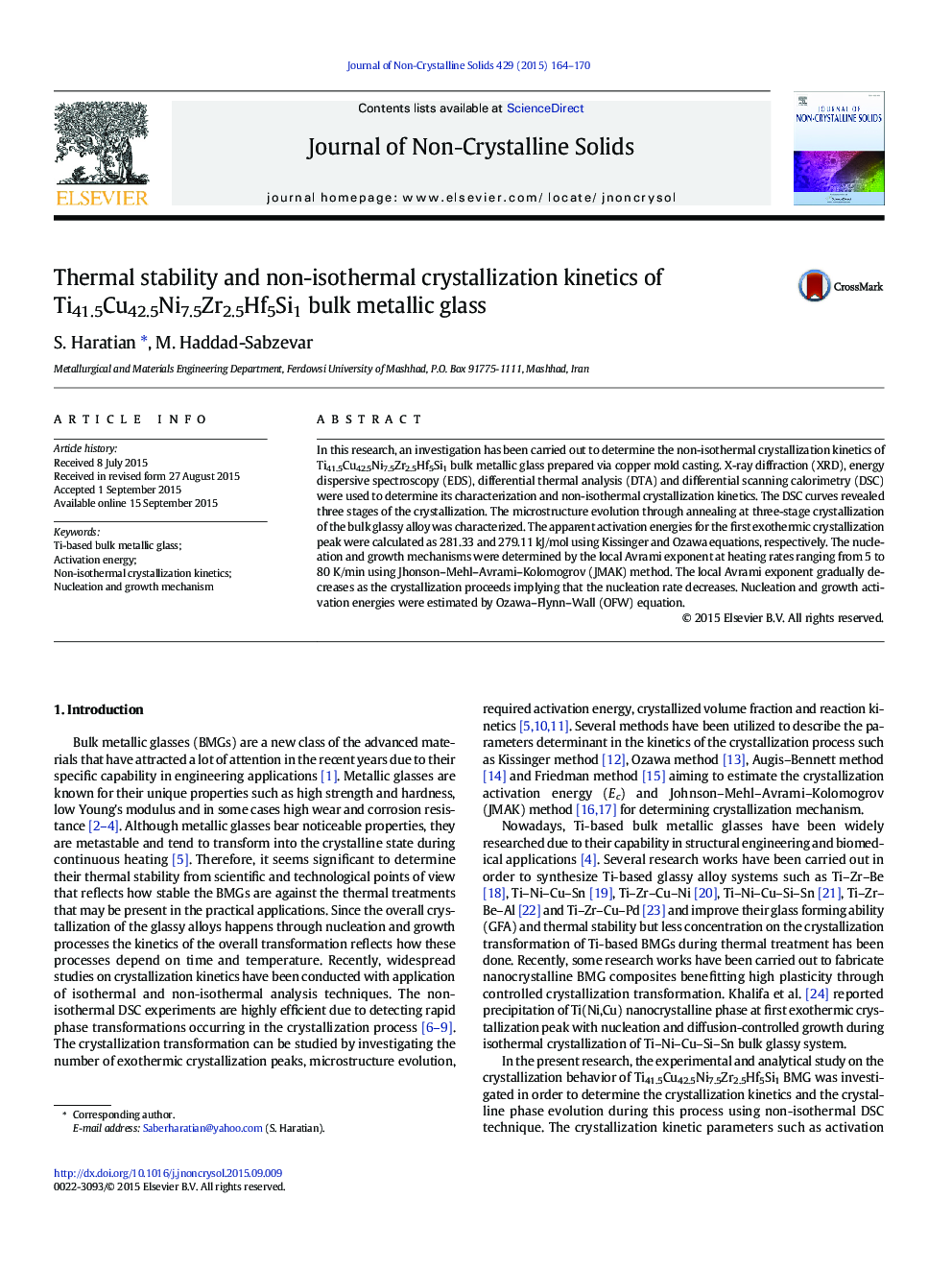 Thermal stability and non-isothermal crystallization kinetics of Ti41.5Cu42.5Ni7.5Zr2.5Hf5Si1 bulk metallic glass