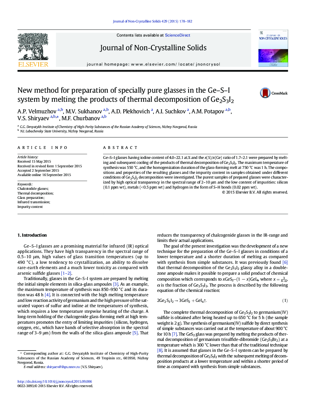 New method for preparation of specially pure glasses in the Ge-S-I system by melting the products of thermal decomposition of Ge2S3I2