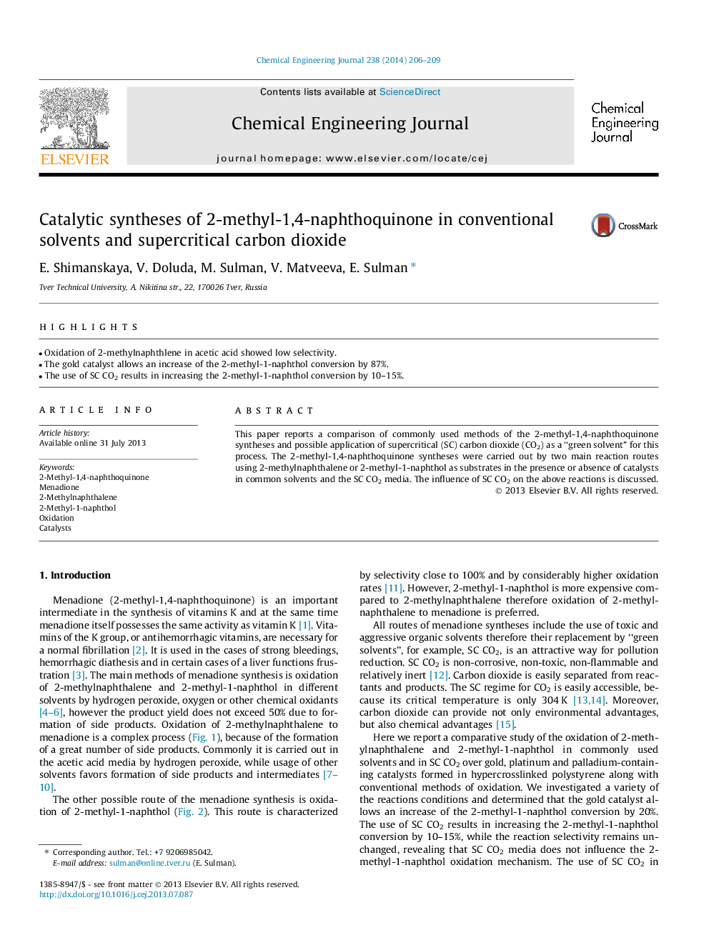 Catalytic syntheses of 2-methyl-1,4-naphthoquinone in conventional solvents and supercritical carbon dioxide