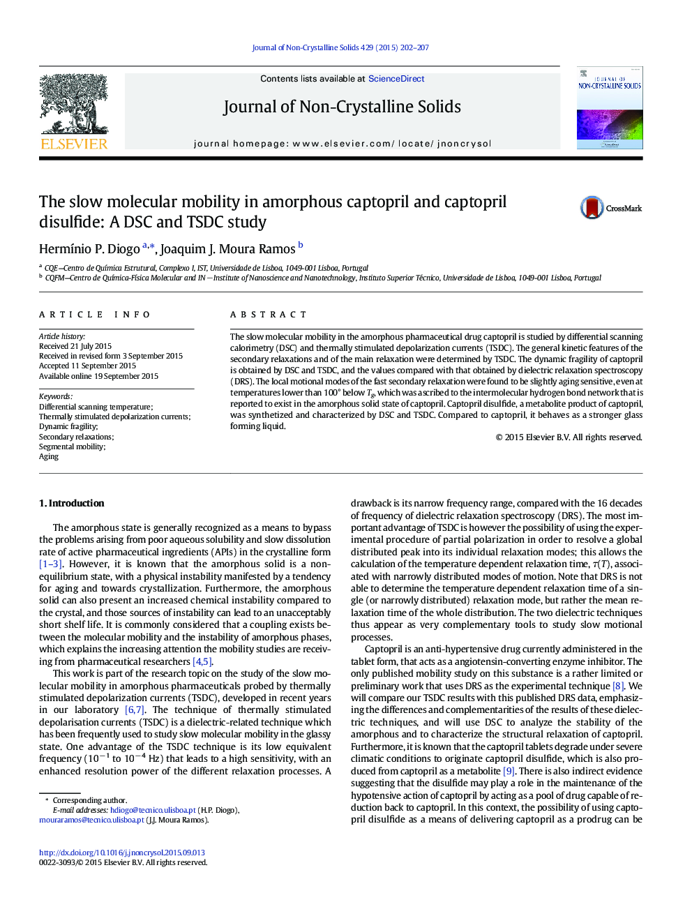 The slow molecular mobility in amorphous captopril and captopril disulfide: A DSC and TSDC study