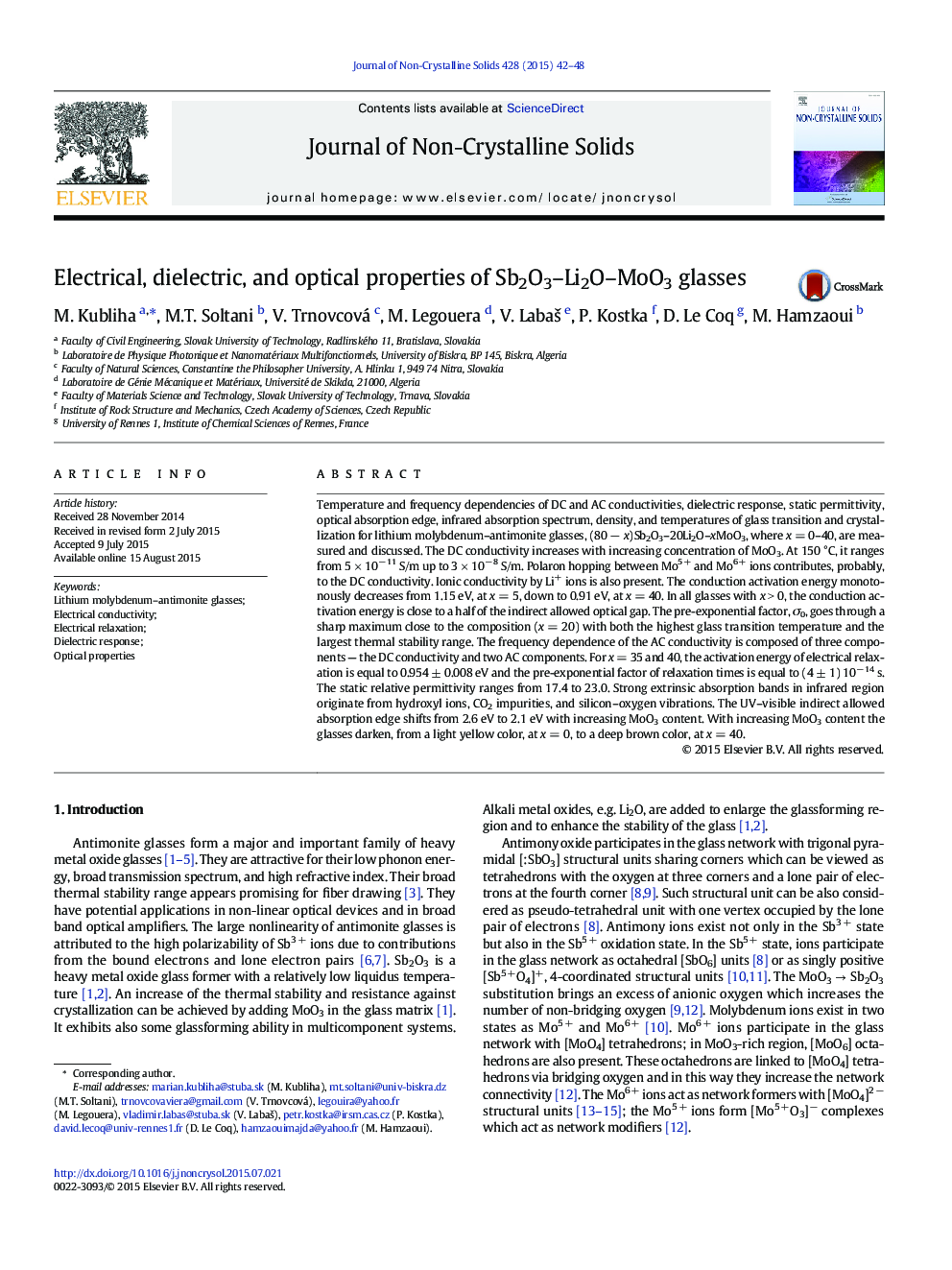 Electrical, dielectric, and optical properties of Sb2O3–Li2O–MoO3 glasses