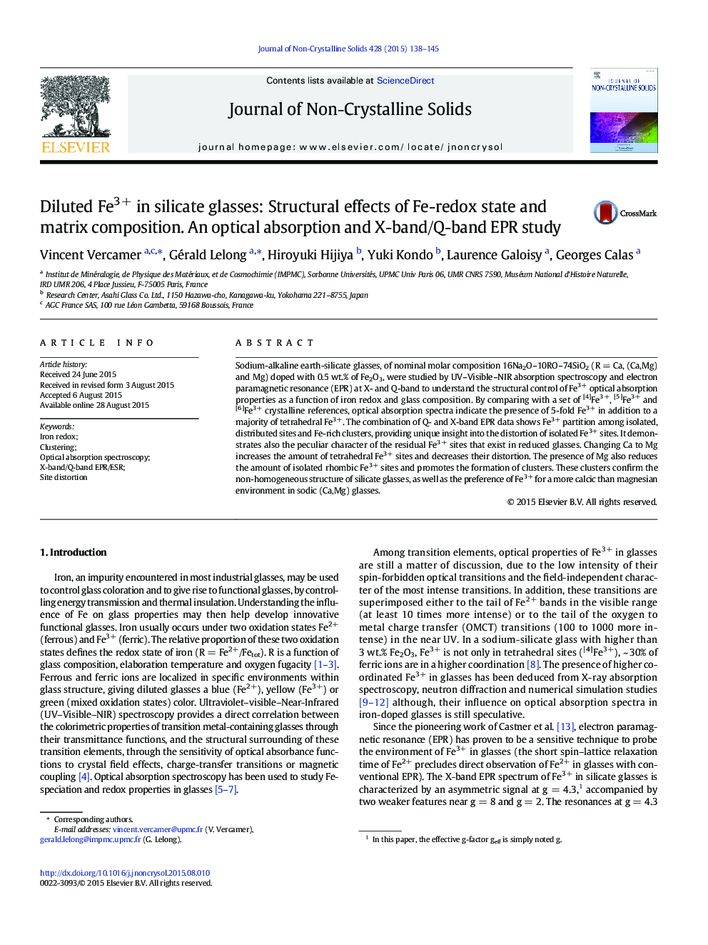 Diluted Fe3+ in silicate glasses: Structural effects of Fe-redox state and matrix composition. An optical absorption and X-band/Q-band EPR study