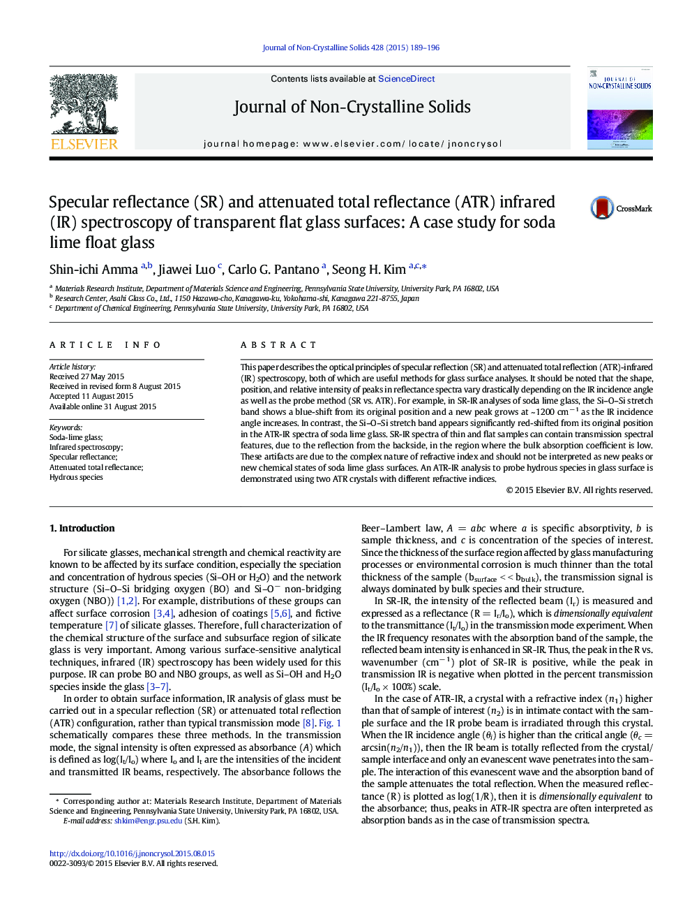 Specular reflectance (SR) and attenuated total reflectance (ATR) infrared (IR) spectroscopy of transparent flat glass surfaces: A case study for soda lime float glass