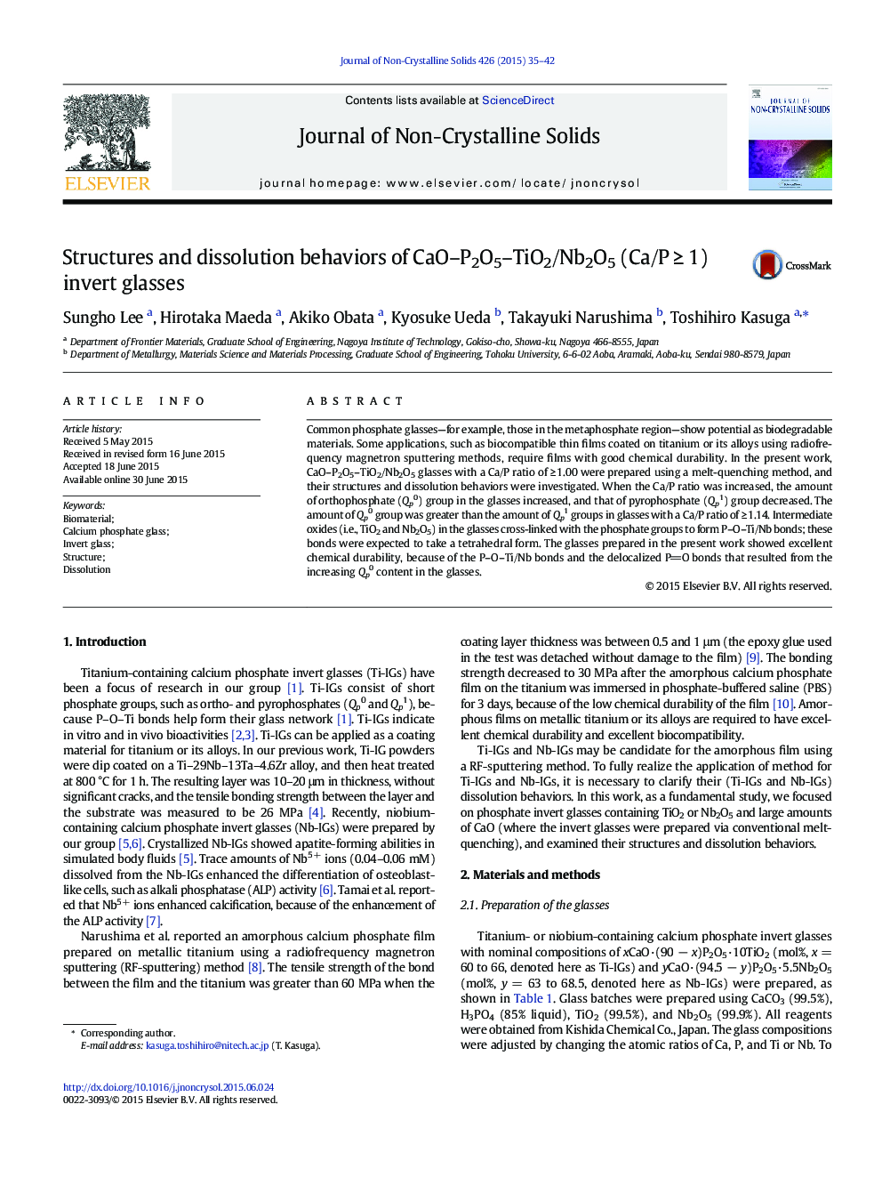 Structures and dissolution behaviors of CaO–P2O5–TiO2/Nb2O5 (Ca/P ≥ 1) invert glasses