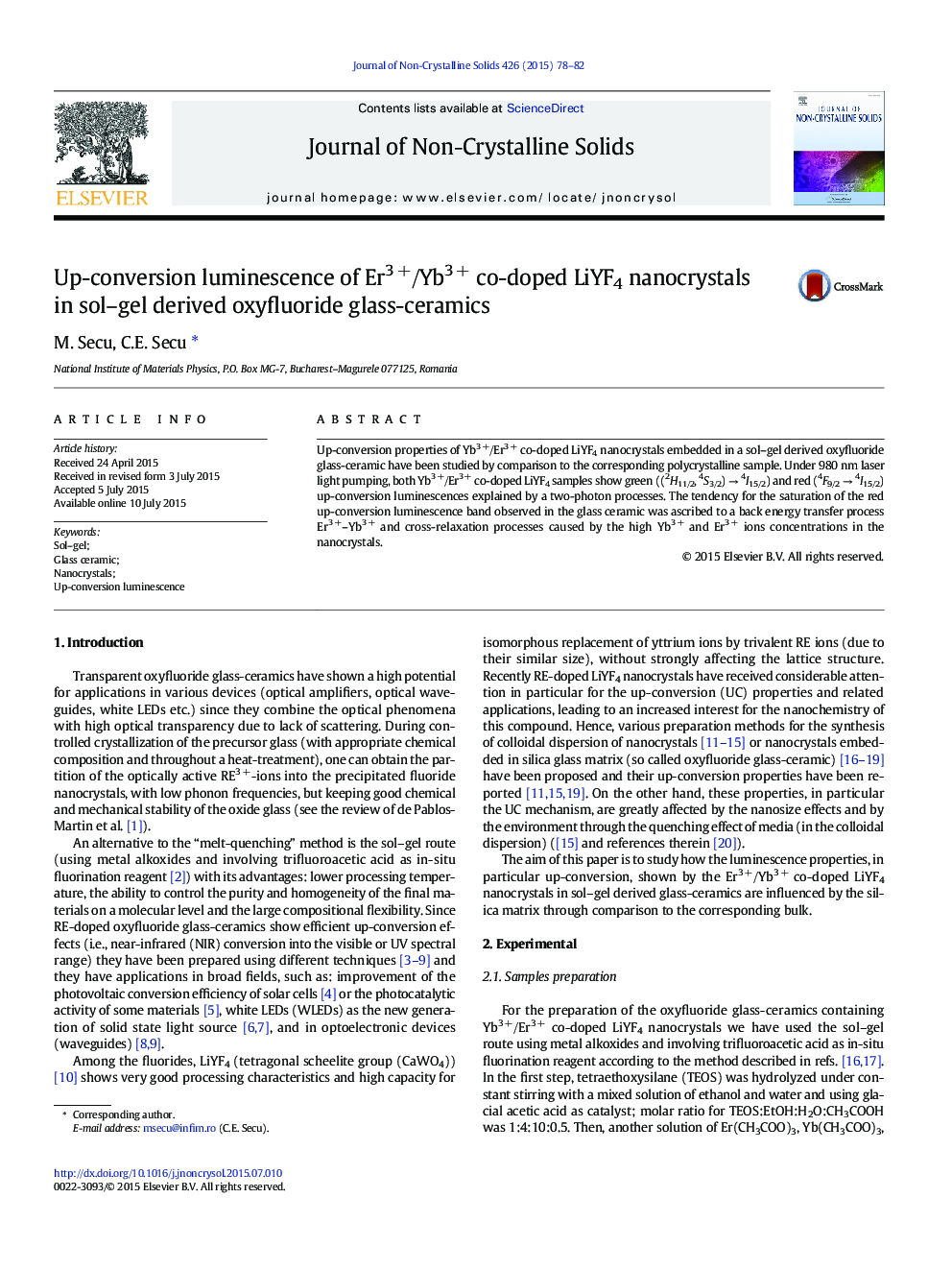 Up-conversion luminescence of Er3 +/Yb3 + co-doped LiYF4 nanocrystals in sol–gel derived oxyfluoride glass-ceramics