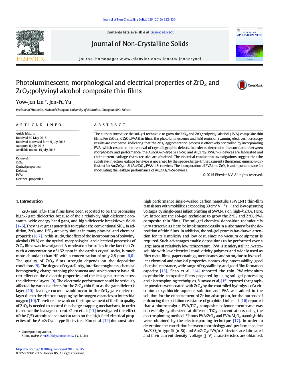 Photoluminescent, morphological and electrical properties of ZrO2 and ZrO2:polyvinyl alcohol composite thin films