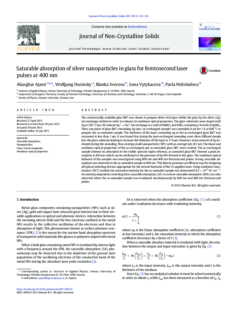 Saturable absorption of silver nanoparticles in glass for femtosecond laser pulses at 400Â nm