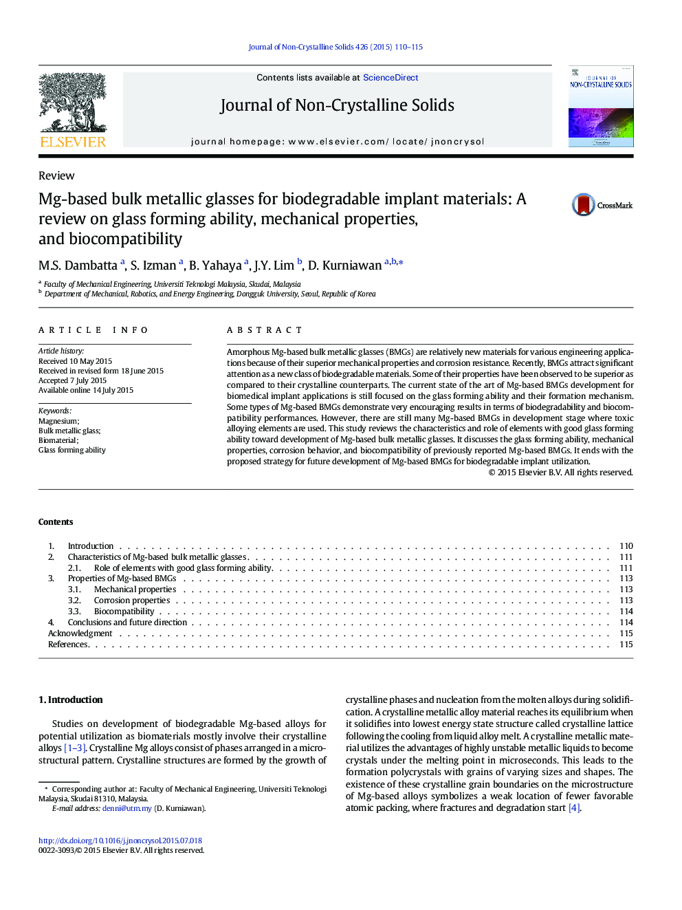 Mg-based bulk metallic glasses for biodegradable implant materials: A review on glass forming ability, mechanical properties, and biocompatibility