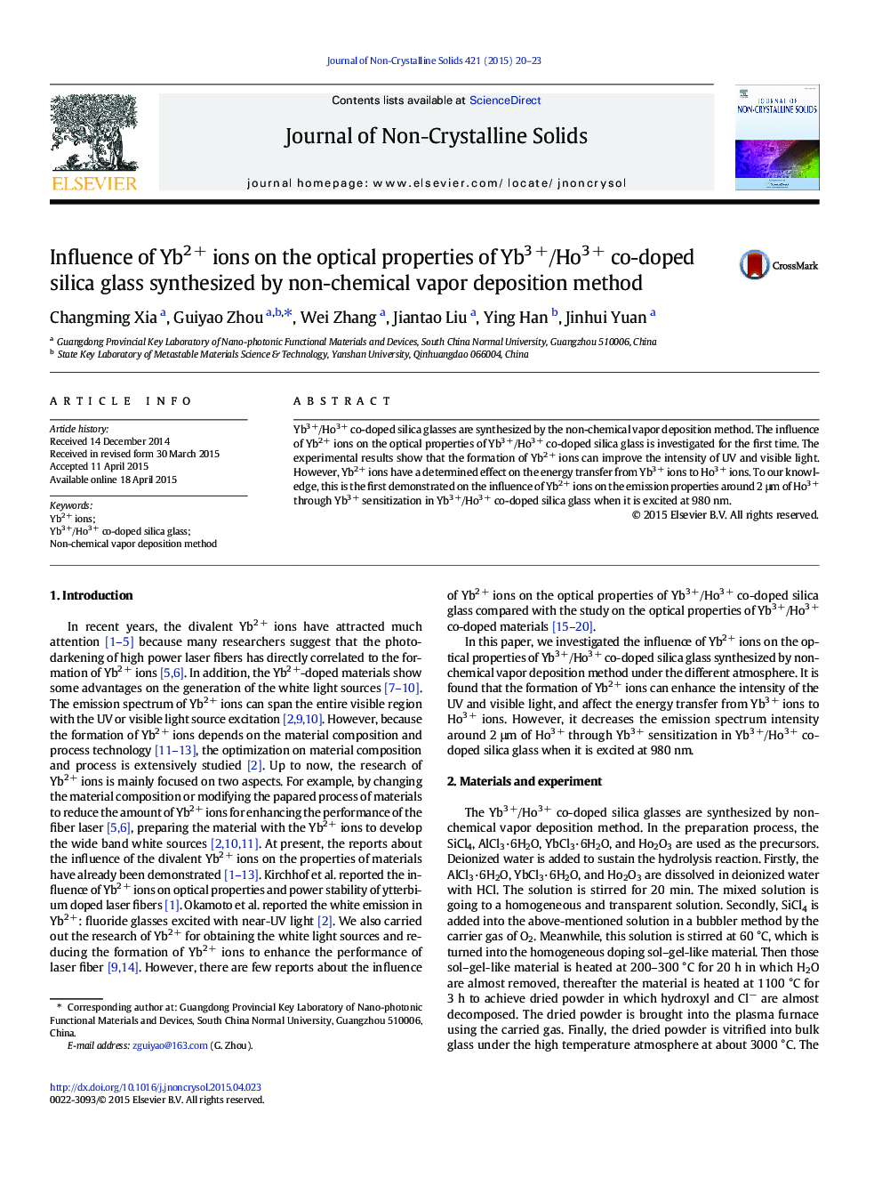 Influence of Yb2 + ions on the optical properties of Yb3 +/Ho3 + co-doped silica glass synthesized by non-chemical vapor deposition method