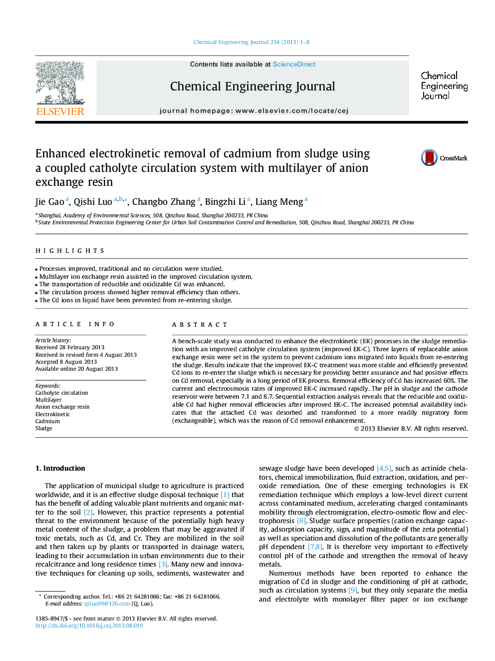 Enhanced electrokinetic removal of cadmium from sludge using a coupled catholyte circulation system with multilayer of anion exchange resin