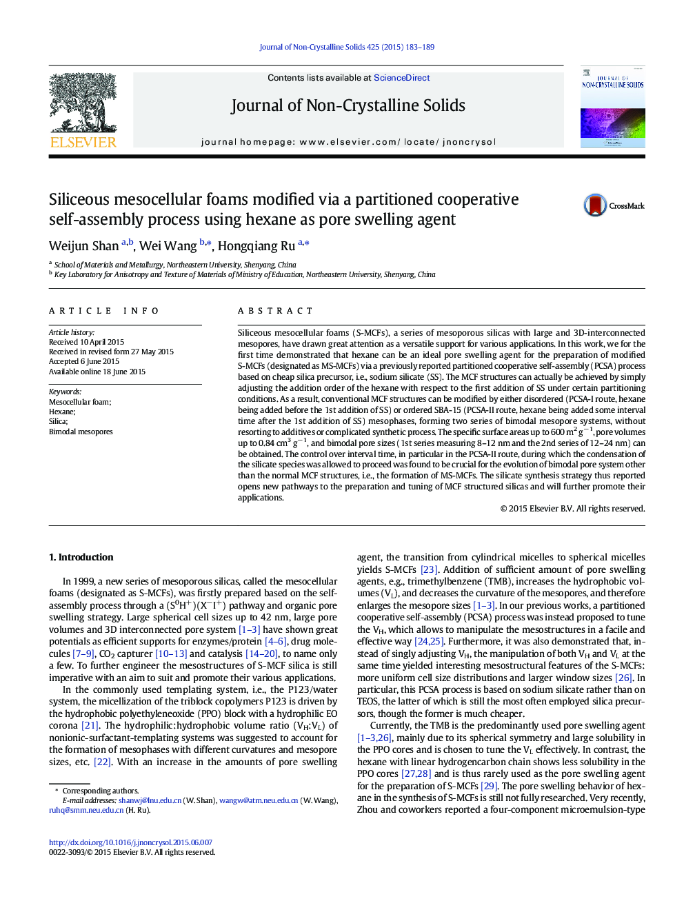 Siliceous mesocellular foams modified via a partitioned cooperative self-assembly process using hexane as pore swelling agent