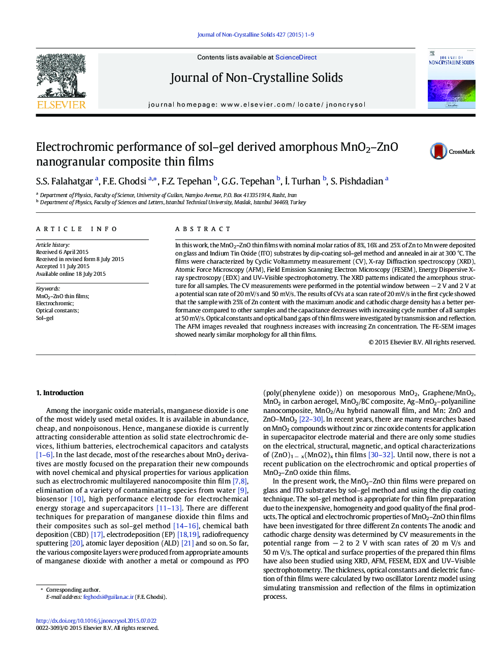 عکس صفحه اول مقاله: Electrochromic performance of sol–gel derived amorphous MnO2–ZnO nanogranular composite thin films Electrochromic performance of sol–gel derived amorphous MnO2–ZnO nanogranular composite thin films