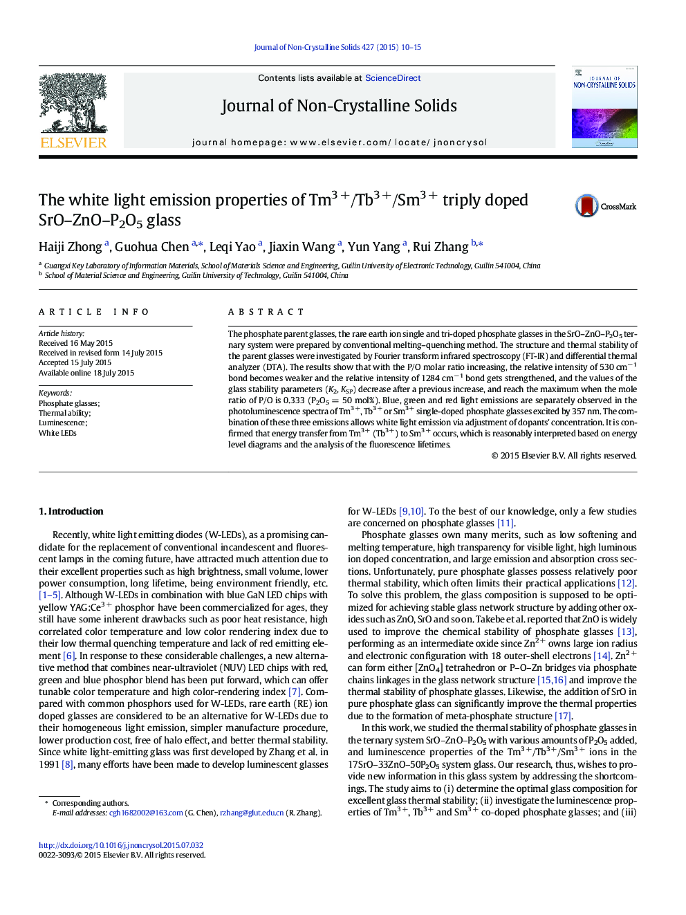 The white light emission properties of Tm3 +/Tb3 +/Sm3 + triply doped SrO–ZnO–P2O5 glass