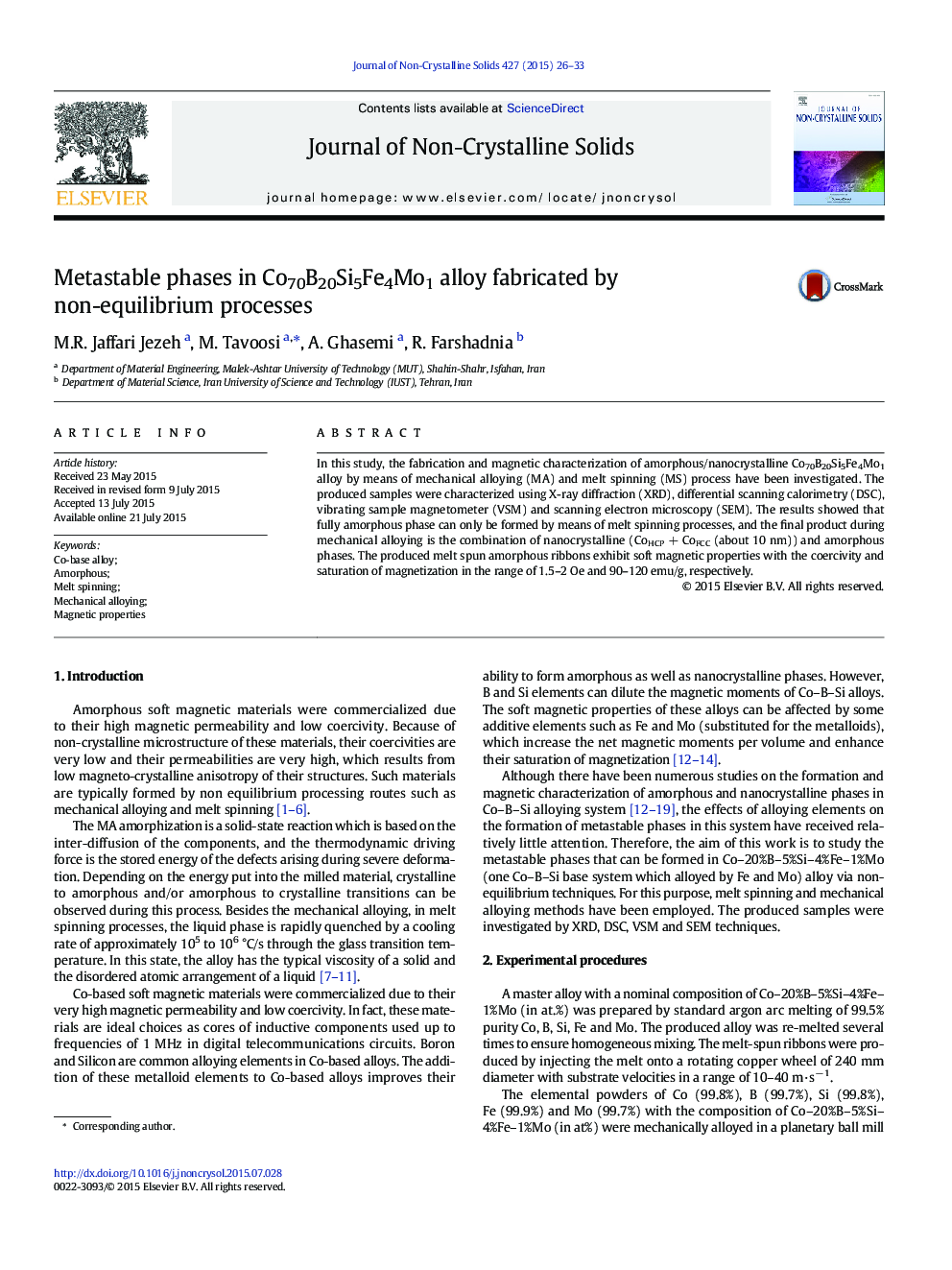 Metastable phases in Co70B20Si5Fe4Mo1 alloy fabricated by non-equilibrium processes
