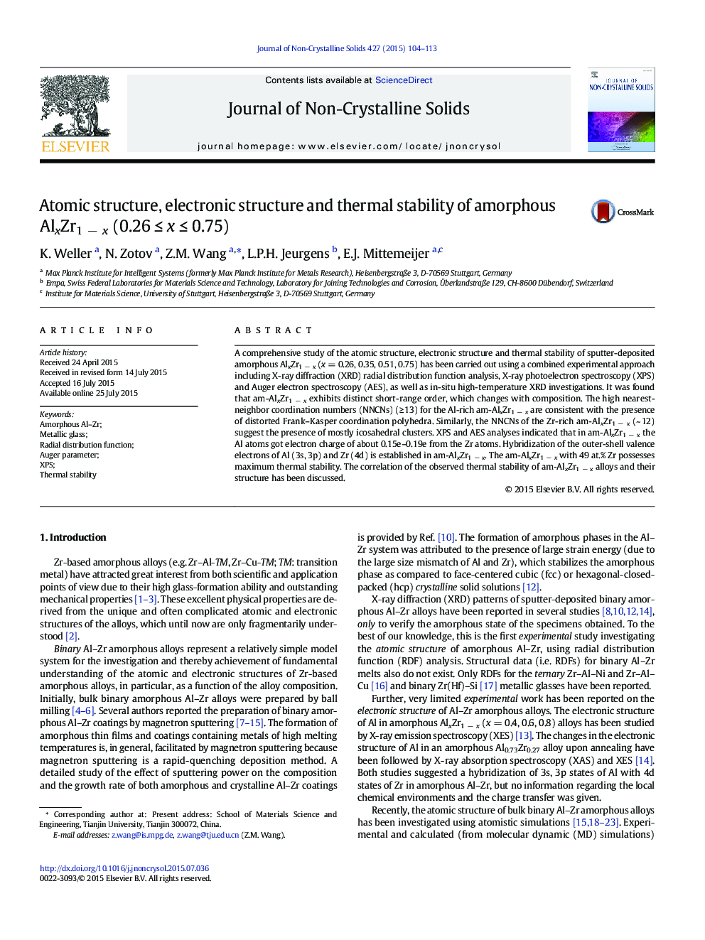 Atomic structure, electronic structure and thermal stability of amorphous AlxZr1 − x (0.26 ≤ x ≤ 0.75)