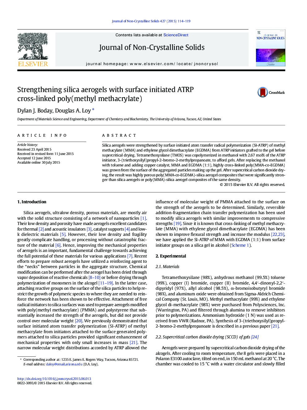 Strengthening silica aerogels with surface initiated ATRP cross-linked poly(methyl methacrylate)