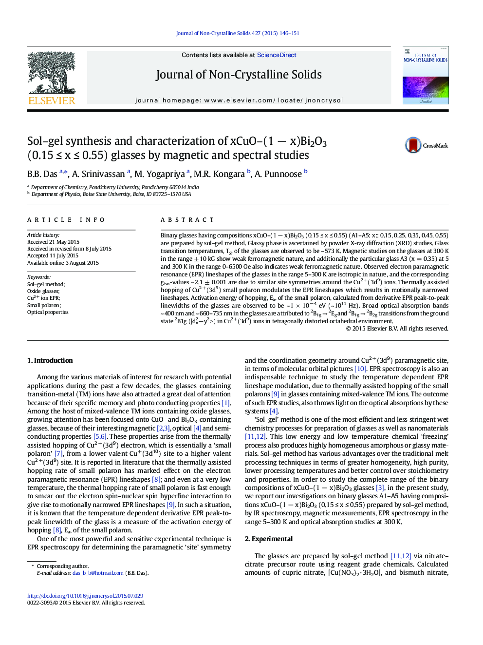 Sol–gel synthesis and characterization of xCuO–(1 − x)Bi2O3 (0.15 ≤ x ≤ 0.55) glasses by magnetic and spectral studies