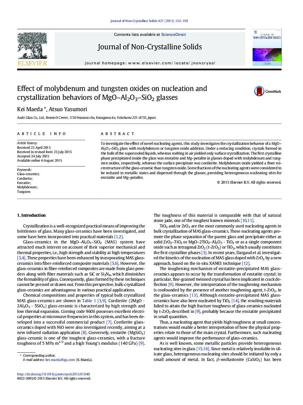 Effect of molybdenum and tungsten oxides on nucleation and crystallization behaviors of MgO–Al2O3–SiO2 glasses