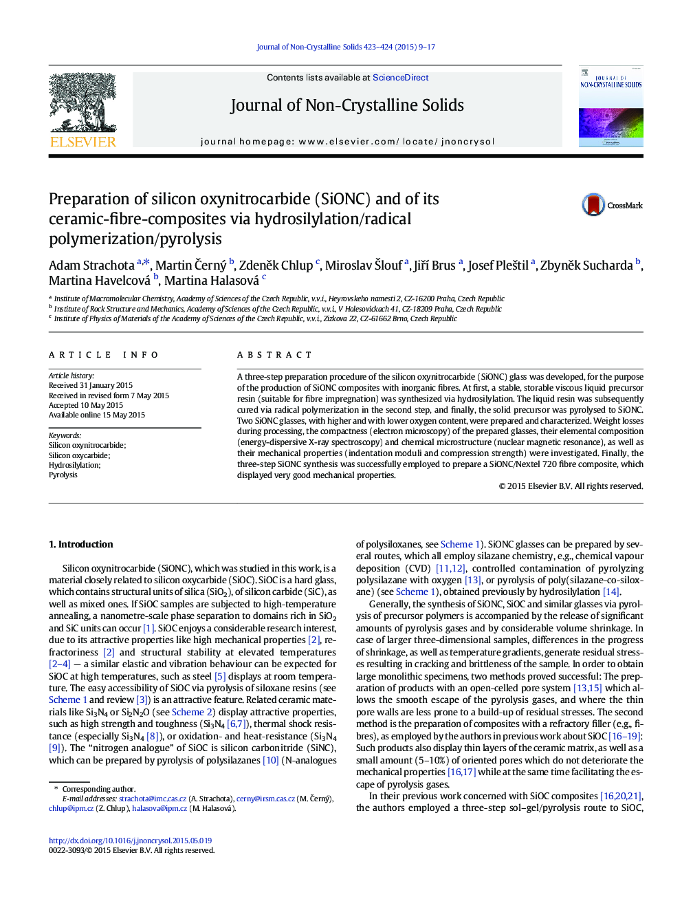 Preparation of silicon oxynitrocarbide (SiONC) and of its ceramic-fibre-composites via hydrosilylation/radical polymerization/pyrolysis