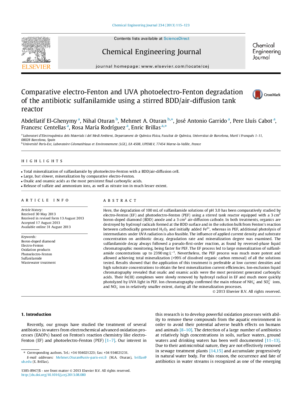 Comparative electro-Fenton and UVA photoelectro-Fenton degradation of the antibiotic sulfanilamide using a stirred BDD/air-diffusion tank reactor