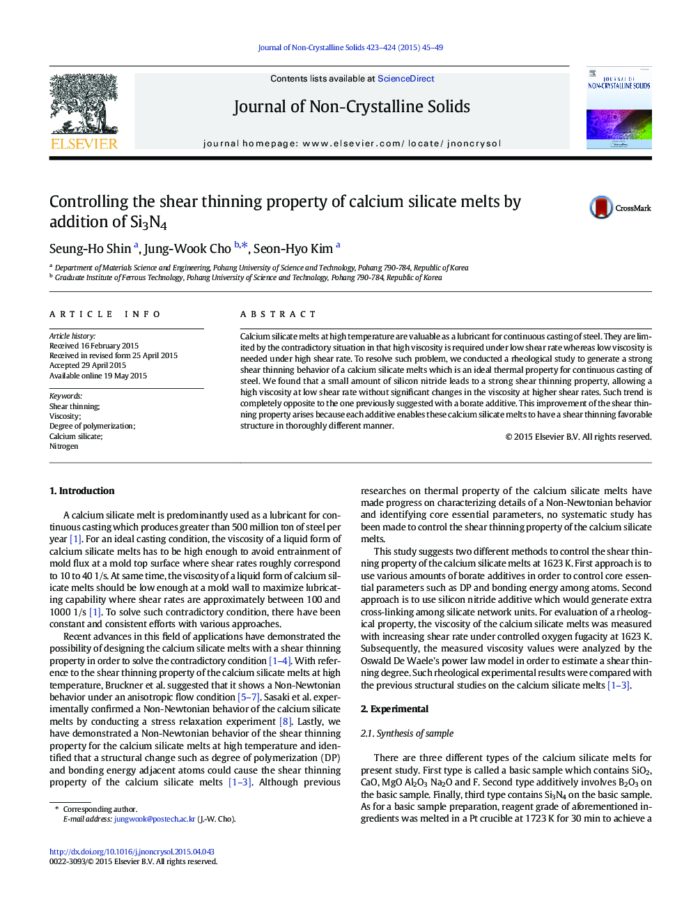 Controlling the shear thinning property of calcium silicate melts by addition of Si3N4