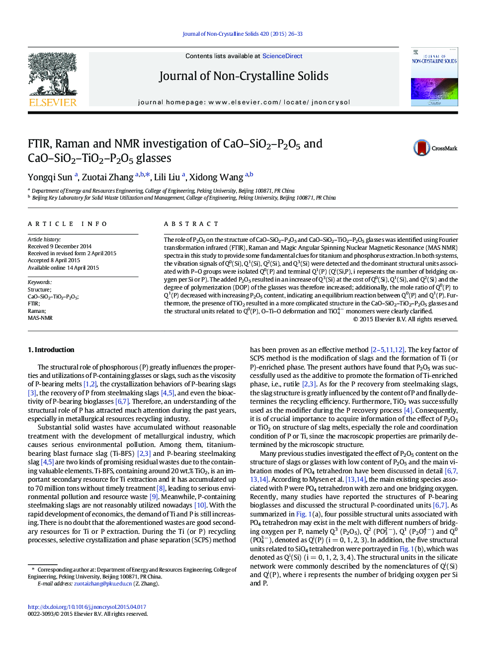 عکس صفحه اول مقاله: FTIR, Raman and NMR investigation of CaO–SiO2–P2O5 and CaO–SiO2–TiO2–P2O5 glasses FTIR, Raman and NMR investigation of CaO–SiO2–P2O5 and CaO–SiO2–TiO2–P2O5 glasses