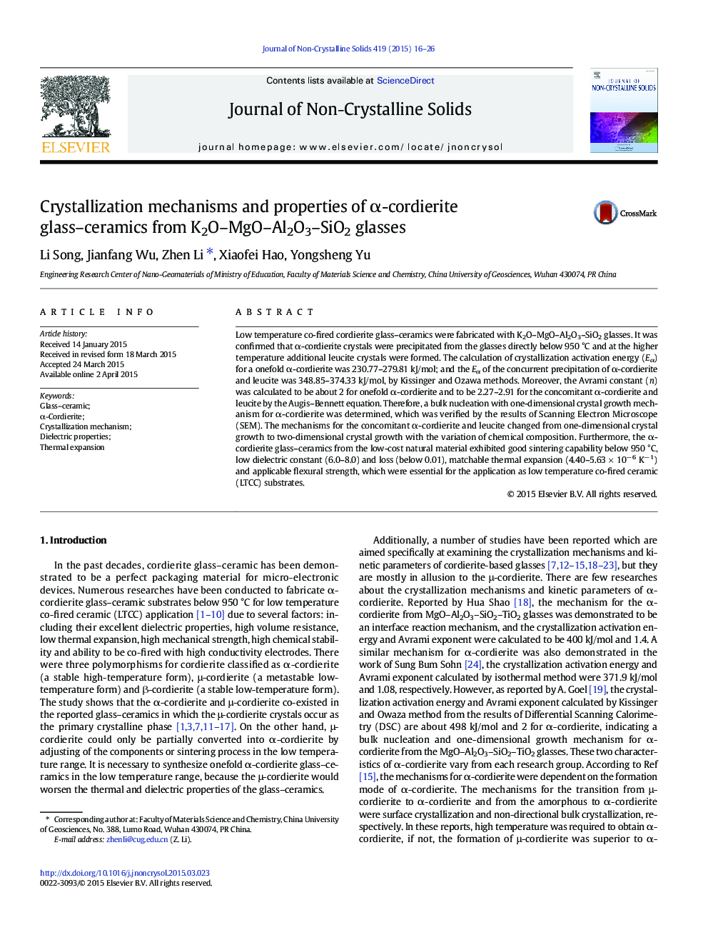 Crystallization mechanisms and properties of α-cordierite glass–ceramics from K2O–MgO–Al2O3–SiO2 glasses