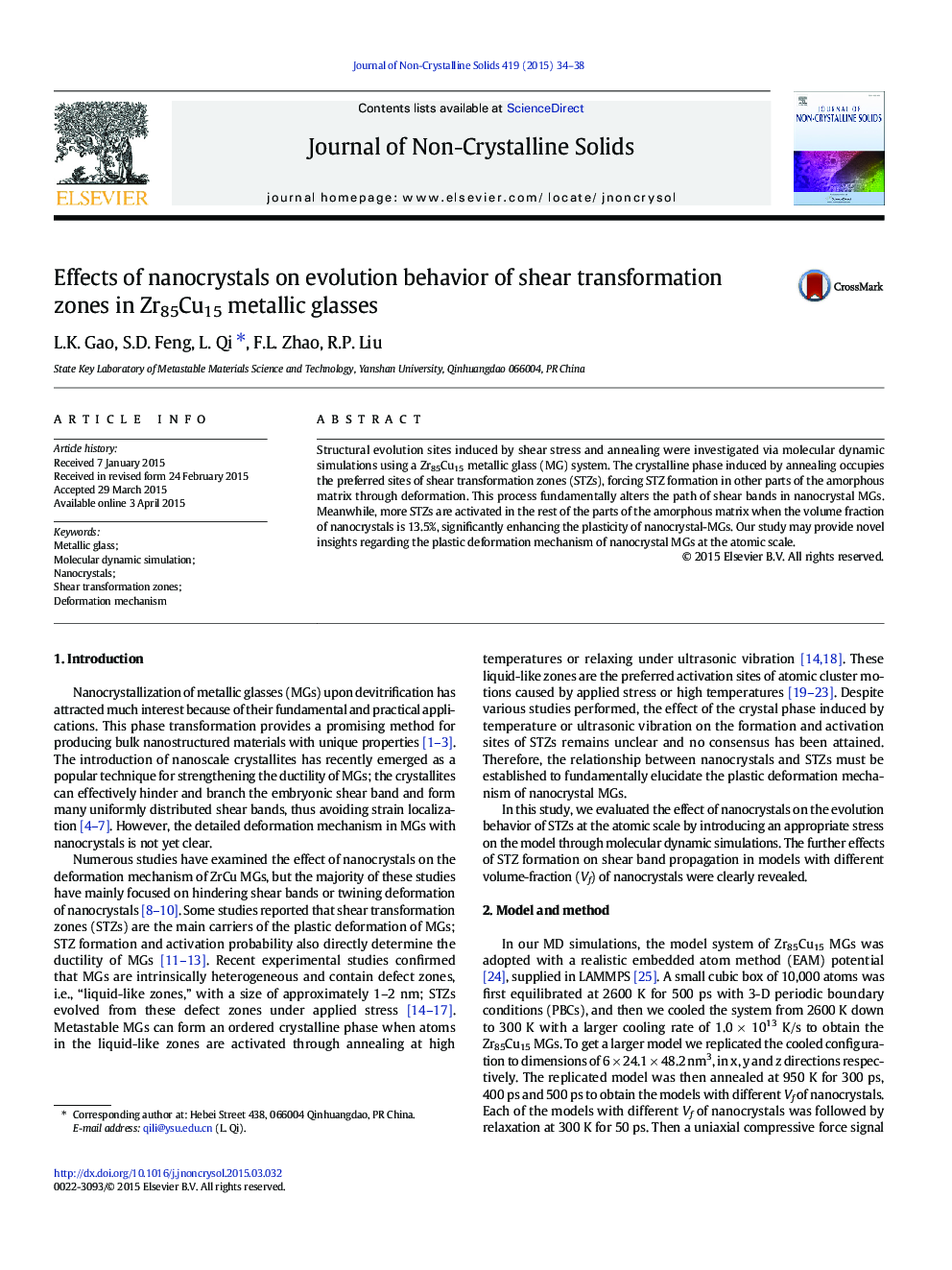 Effects of nanocrystals on evolution behavior of shear transformation zones in Zr85Cu15 metallic glasses