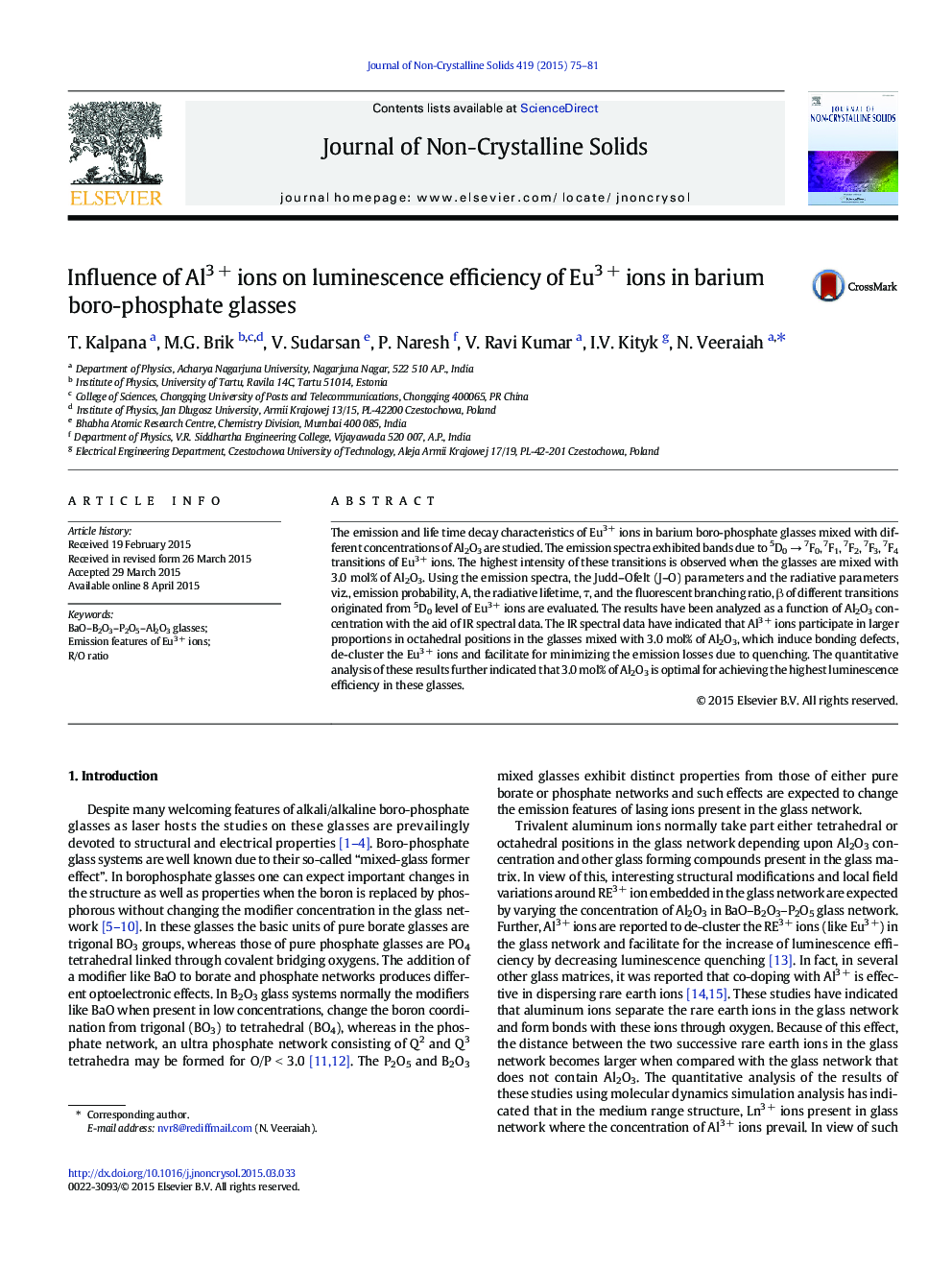 Influence of Al3 + ions on luminescence efficiency of Eu3 + ions in barium boro-phosphate glasses
