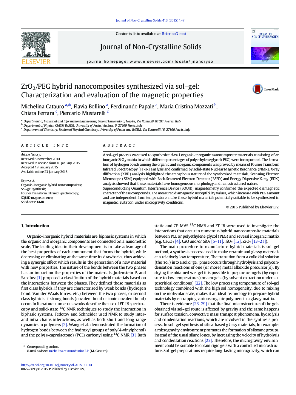 ZrO2/PEG hybrid nanocomposites synthesized via sol–gel: Characterization and evaluation of the magnetic properties