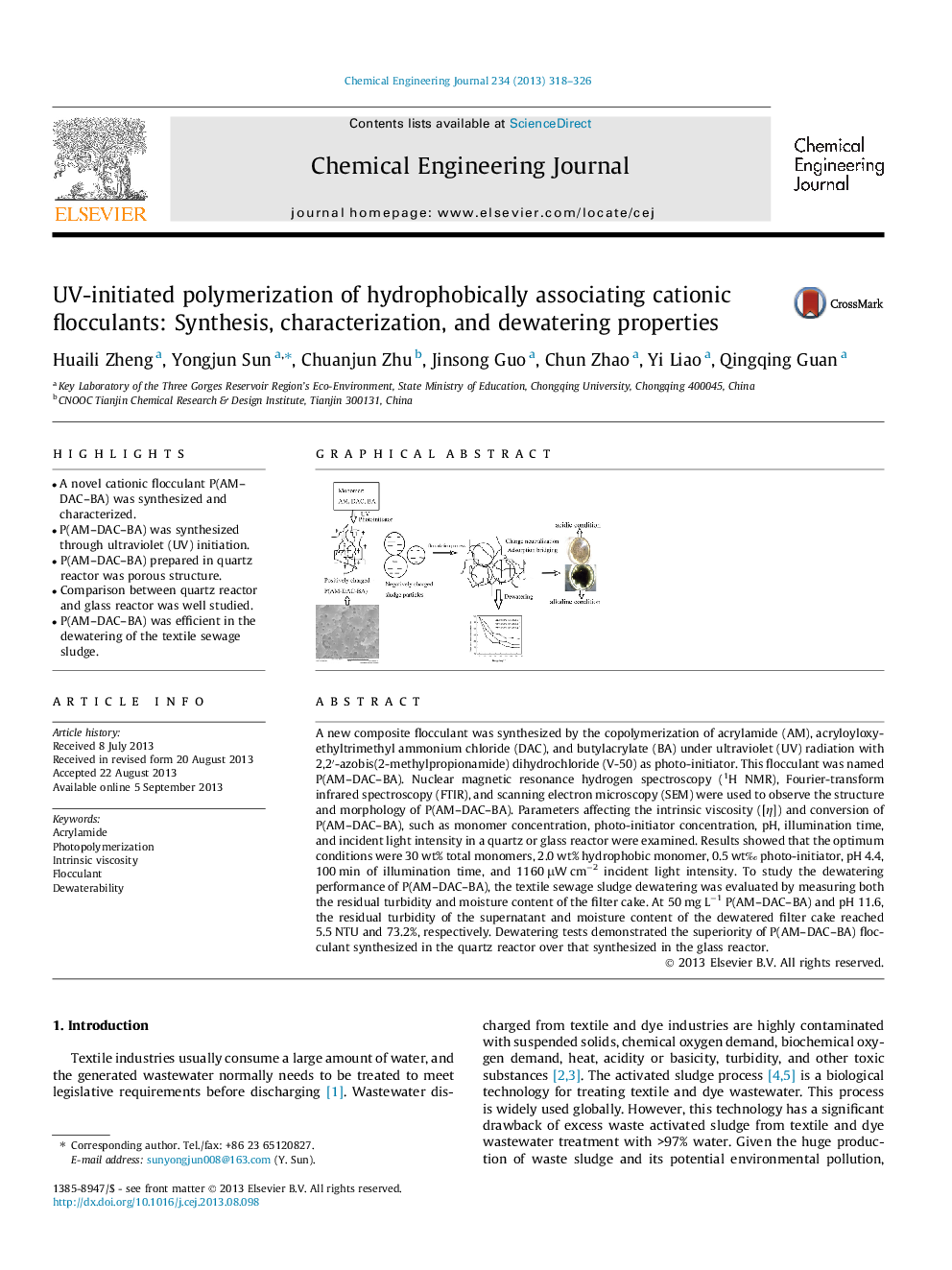 UV-initiated polymerization of hydrophobically associating cationic flocculants: Synthesis, characterization, and dewatering properties