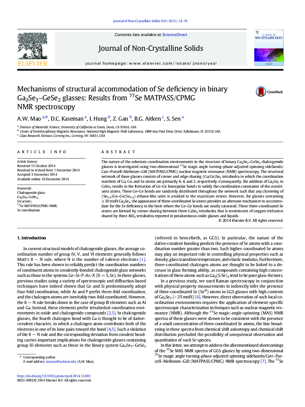 Mechanisms of structural accommodation of Se deficiency in binary Ga2Se3–GeSe2 glasses: Results from 77Se MATPASS/CPMG NMR spectroscopy