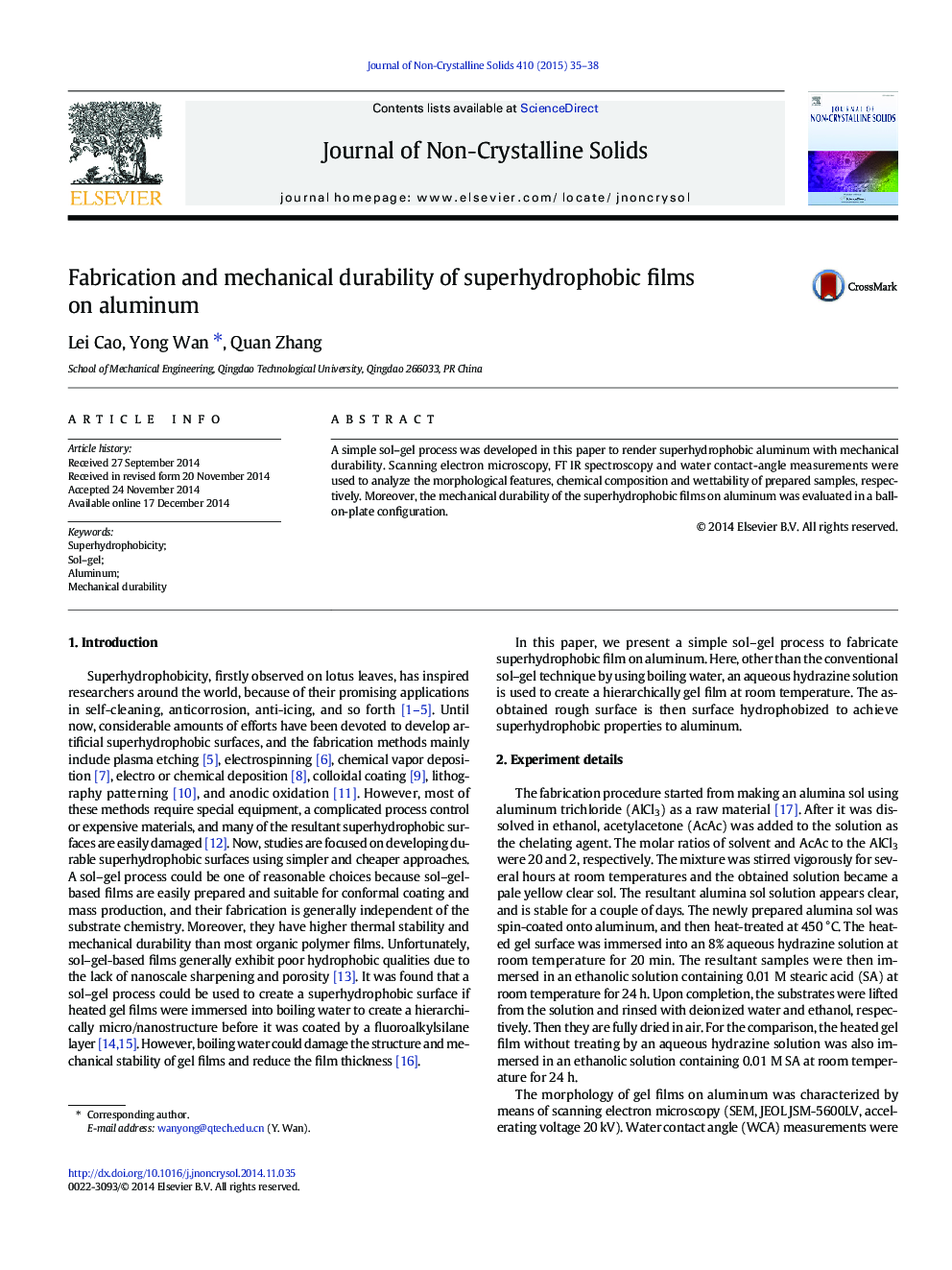 Fabrication and mechanical durability of superhydrophobic films on aluminum