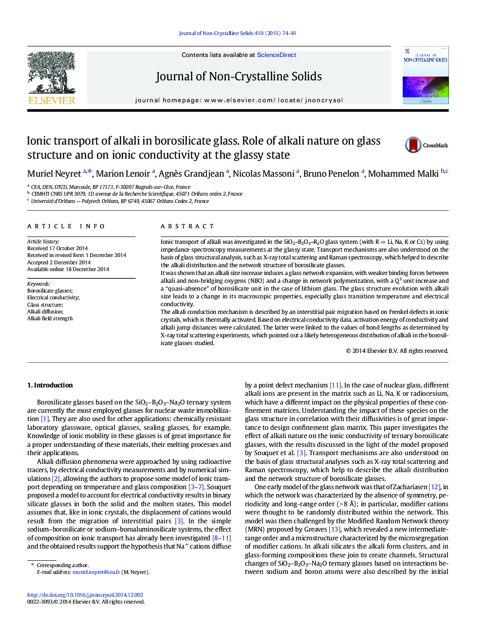 Ionic transport of alkali in borosilicate glass. Role of alkali nature on glass structure and on ionic conductivity at the glassy state