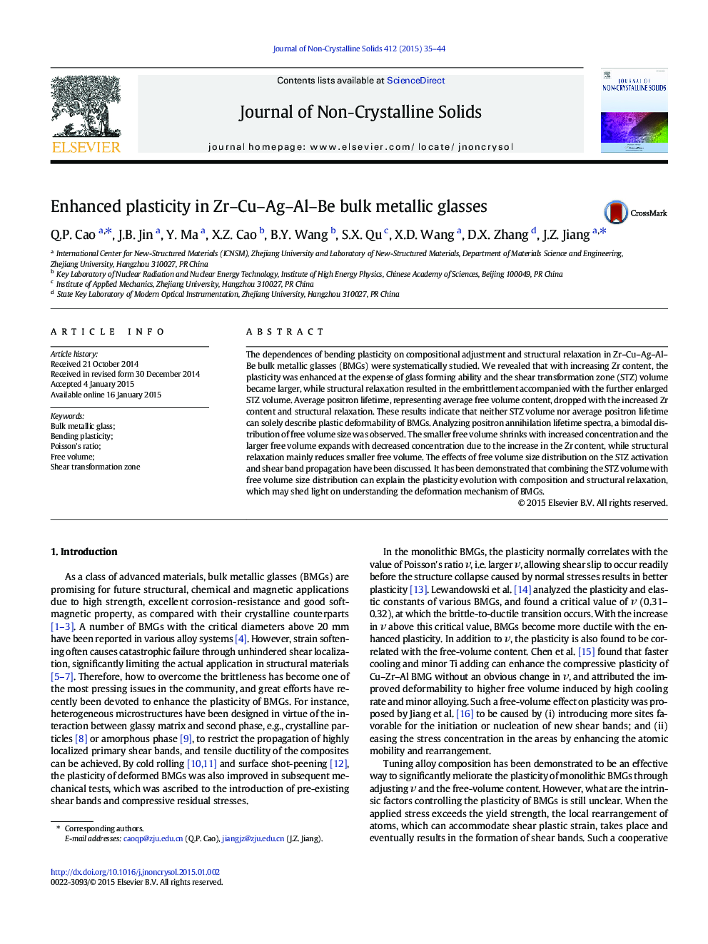 Enhanced plasticity in Zr–Cu–Ag–Al–Be bulk metallic glasses