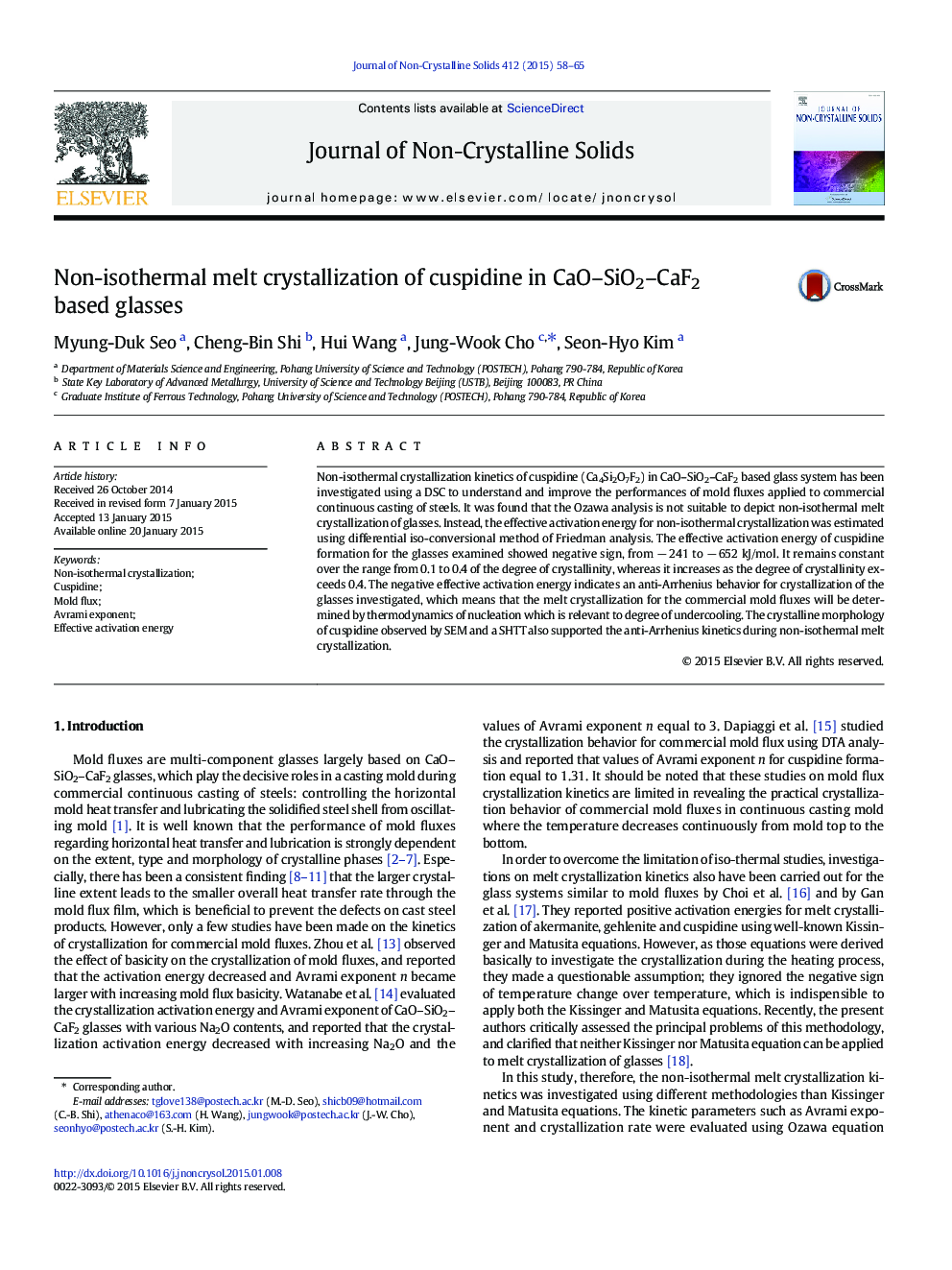 Non-isothermal melt crystallization of cuspidine in CaO–SiO2–CaF2 based glasses