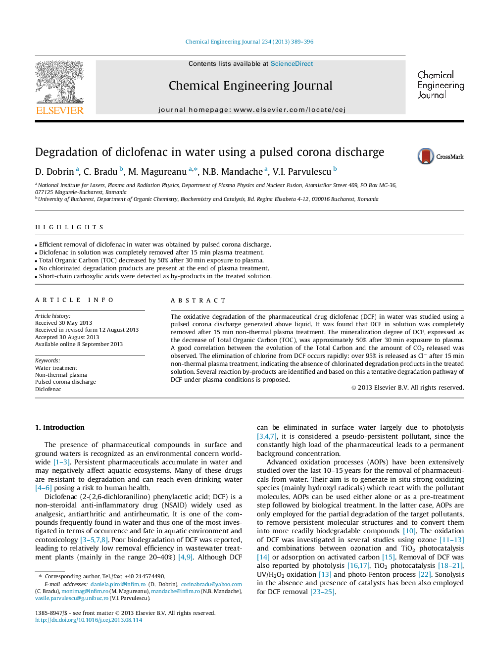 Degradation of diclofenac in water using a pulsed corona discharge