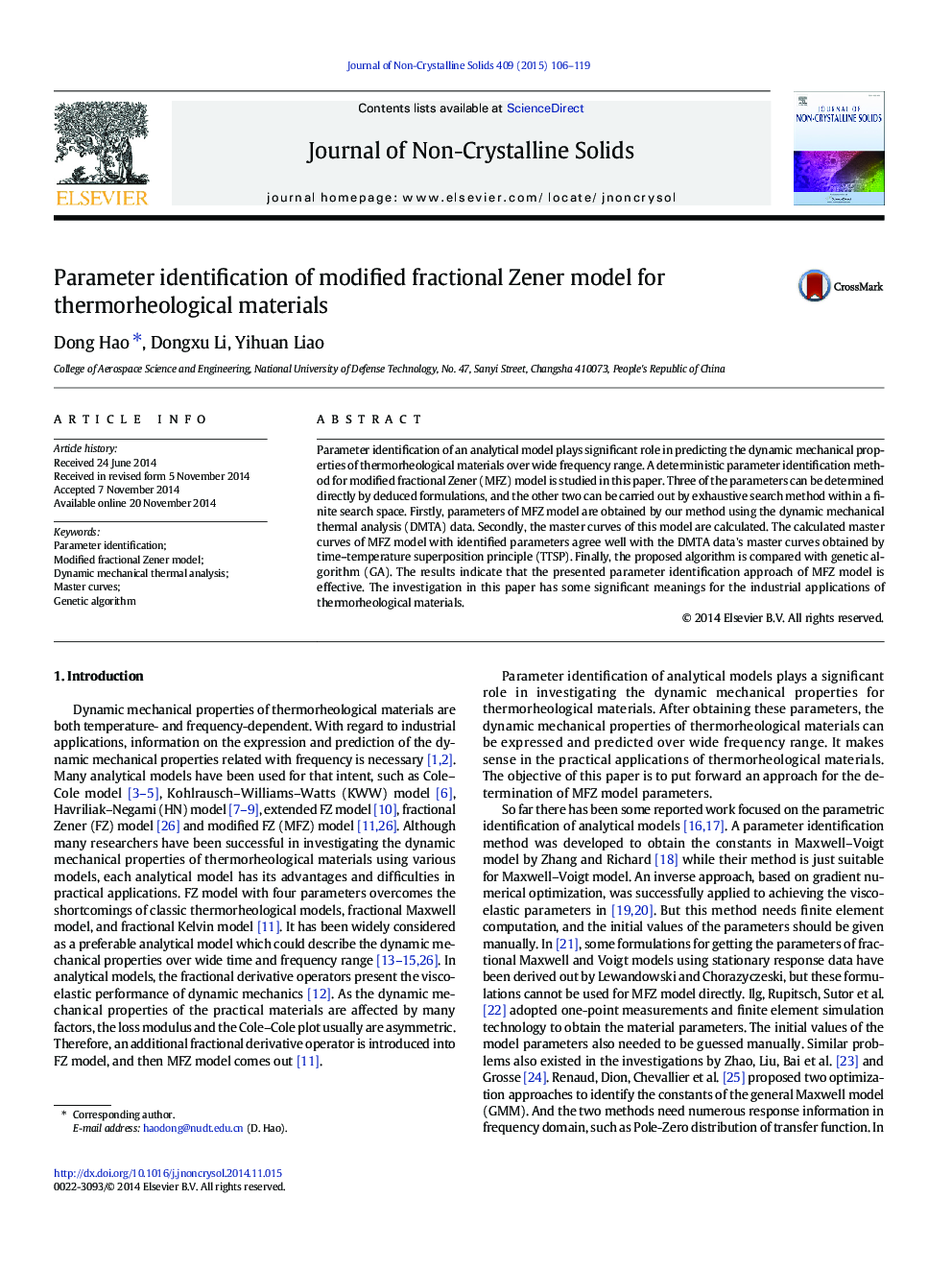 Parameter identification of modified fractional Zener model for thermorheological materials