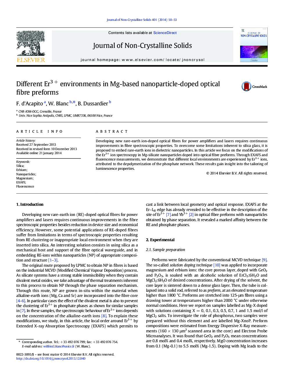 Different Er3 + environments in Mg-based nanoparticle-doped optical fibre preforms