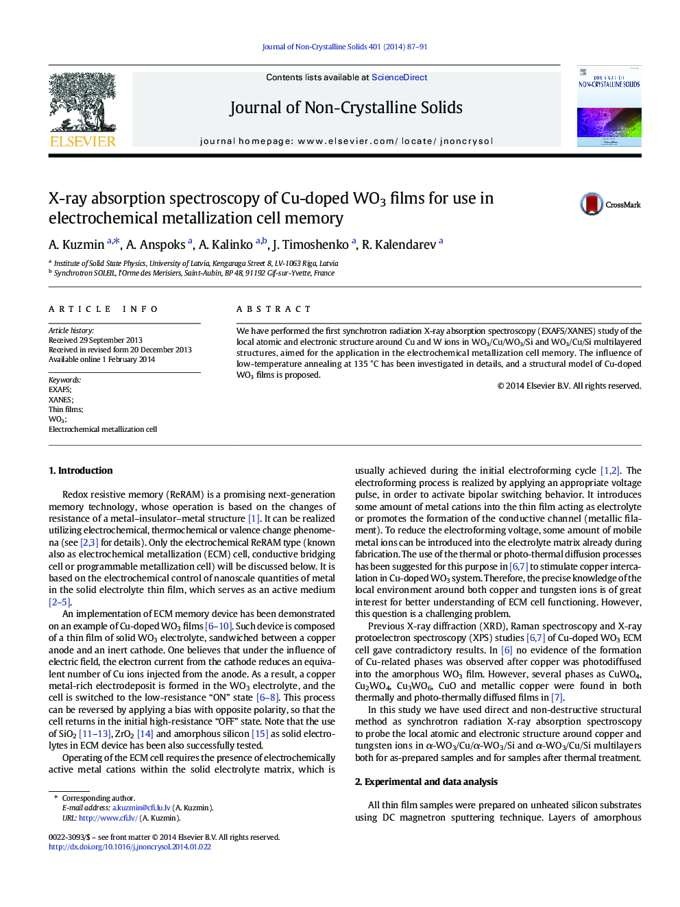 X-ray absorption spectroscopy of Cu-doped WO3 films for use in electrochemical metallization cell memory