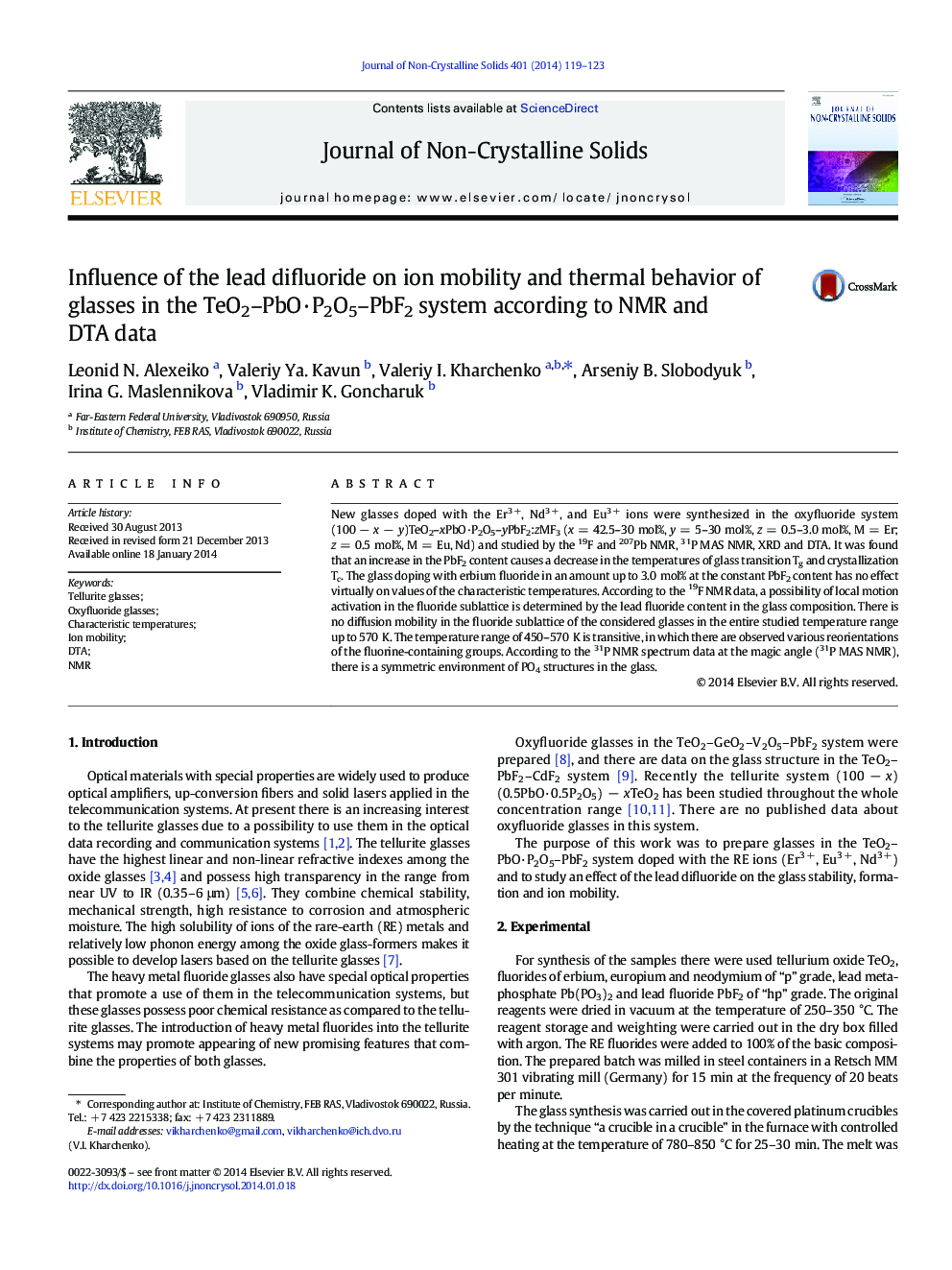 Influence of the lead difluoride on ion mobility and thermal behavior of glasses in the TeO2–PbO·P2O5–PbF2 system according to NMR and DTA data