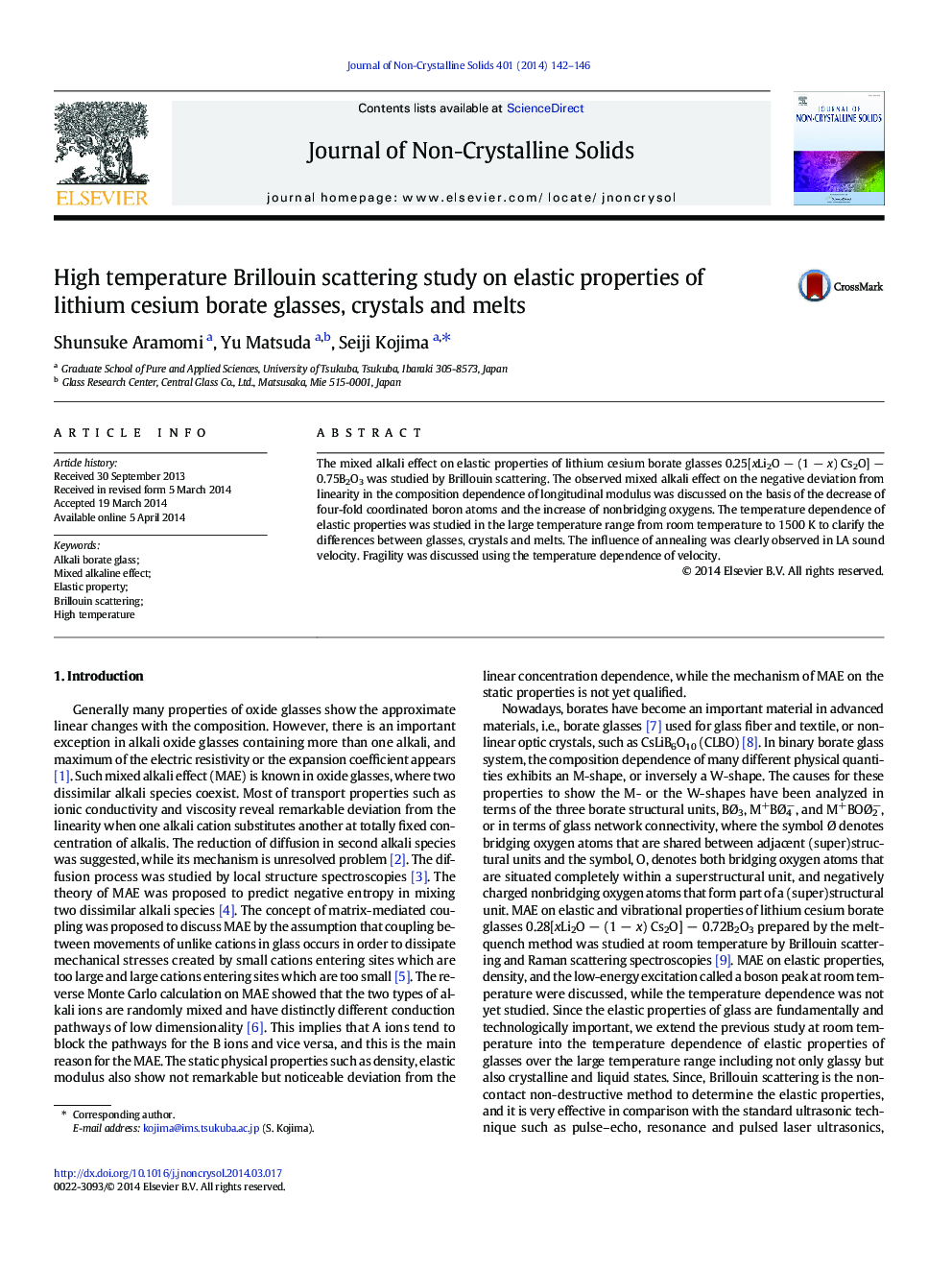 High temperature Brillouin scattering study on elastic properties of lithium cesium borate glasses, crystals and melts