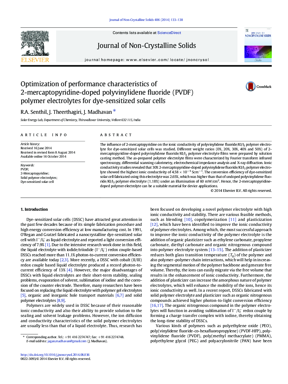 Optimization of performance characteristics of 2-mercaptopyridine-doped polyvinylidene fluoride (PVDF) polymer electrolytes for dye-sensitized solar cells