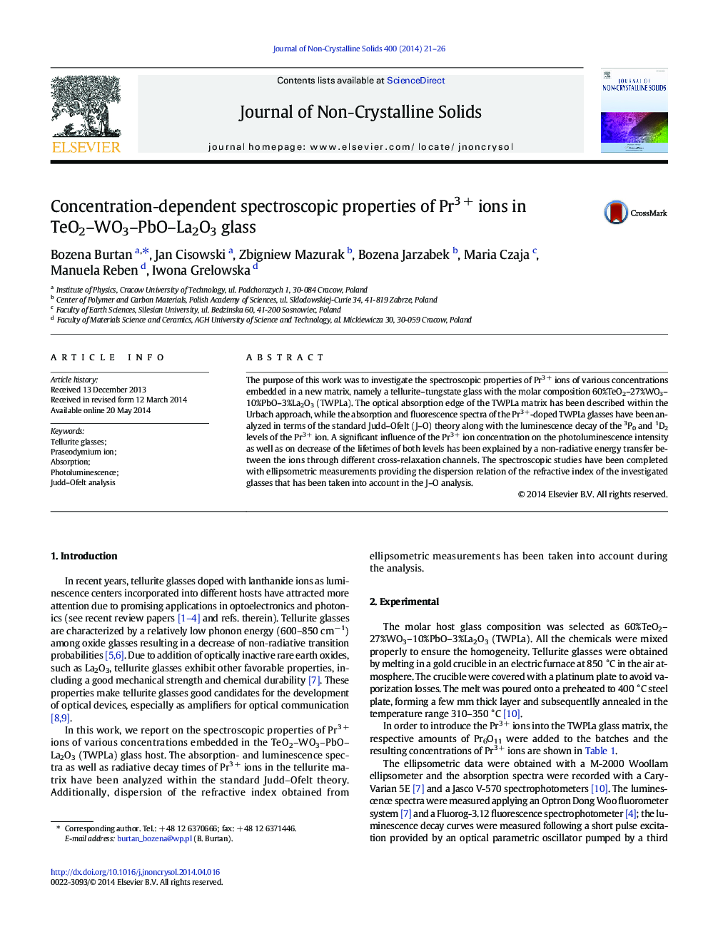 Concentration-dependent spectroscopic properties of Pr3 + ions in TeO2–WO3–PbO–La2O3 glass