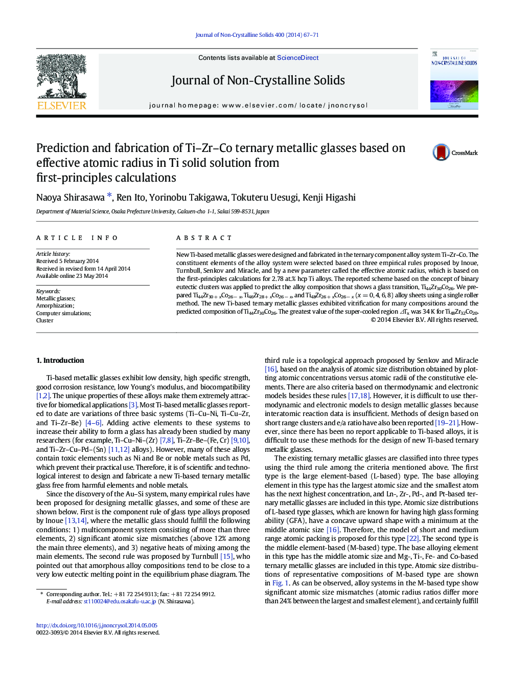 Prediction and fabrication of Ti–Zr–Co ternary metallic glasses based on effective atomic radius in Ti solid solution from first-principles calculations