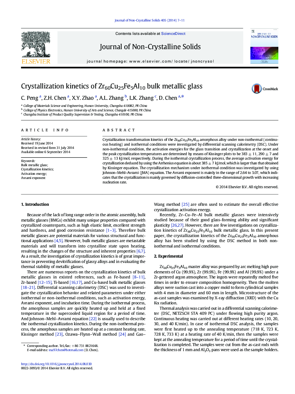 Crystallization kinetics of Zr60Cu25Fe5Al10 bulk metallic glass